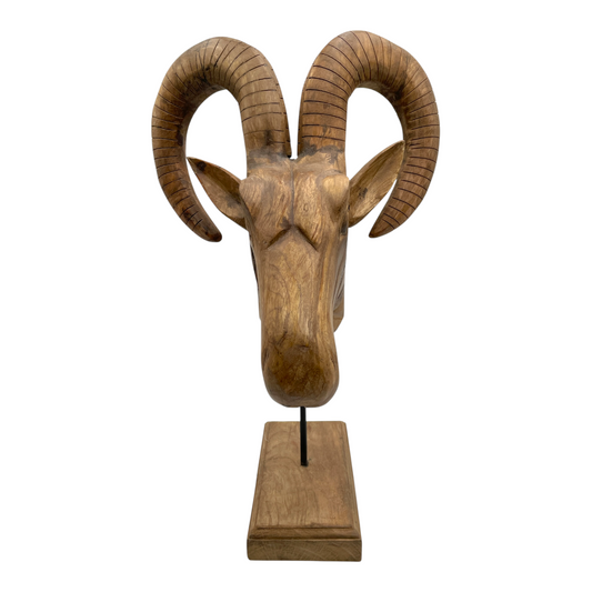 Hand-Carved Wood Ibex Sculpture on Stand