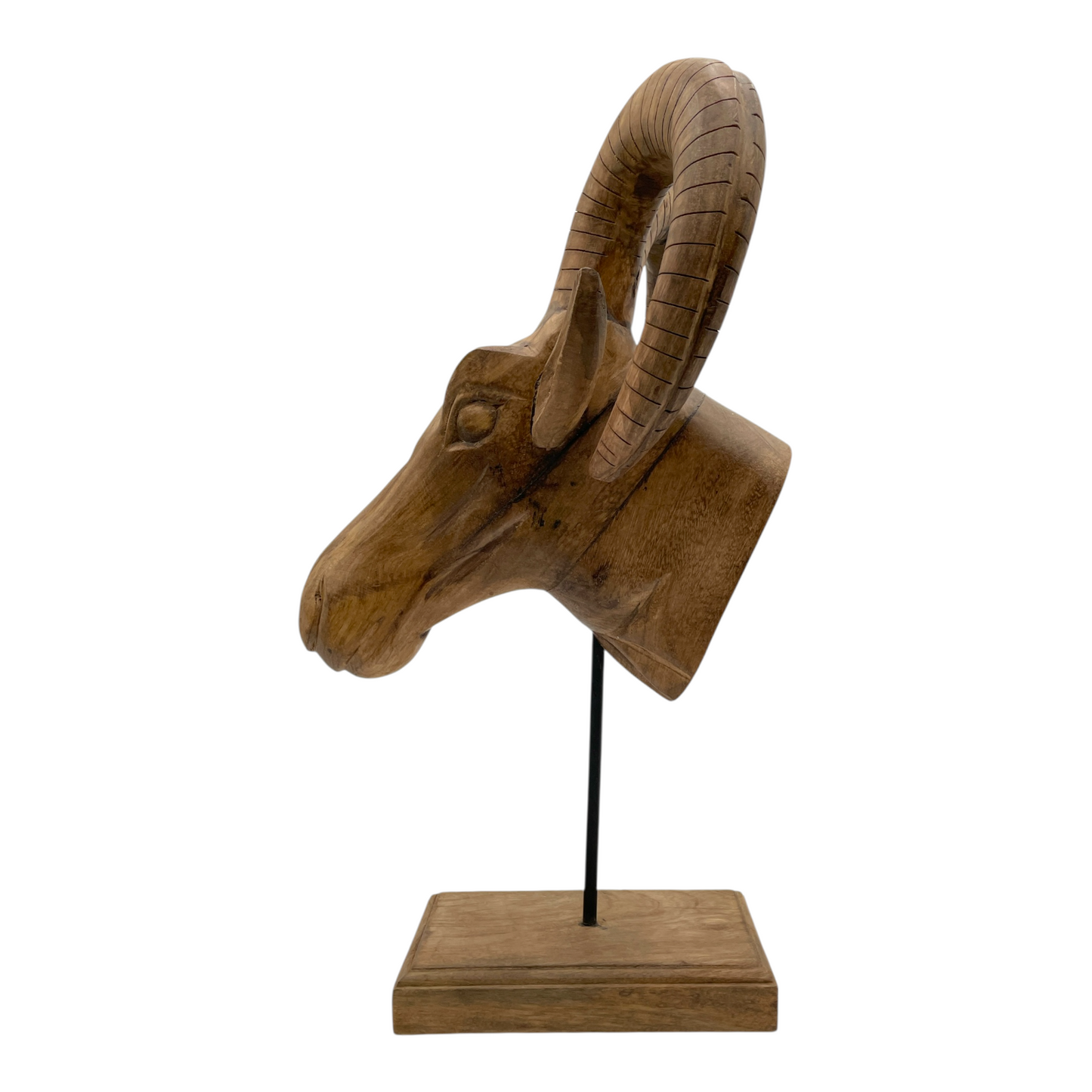 Hand-Carved Wood Ibex Sculpture on Stand