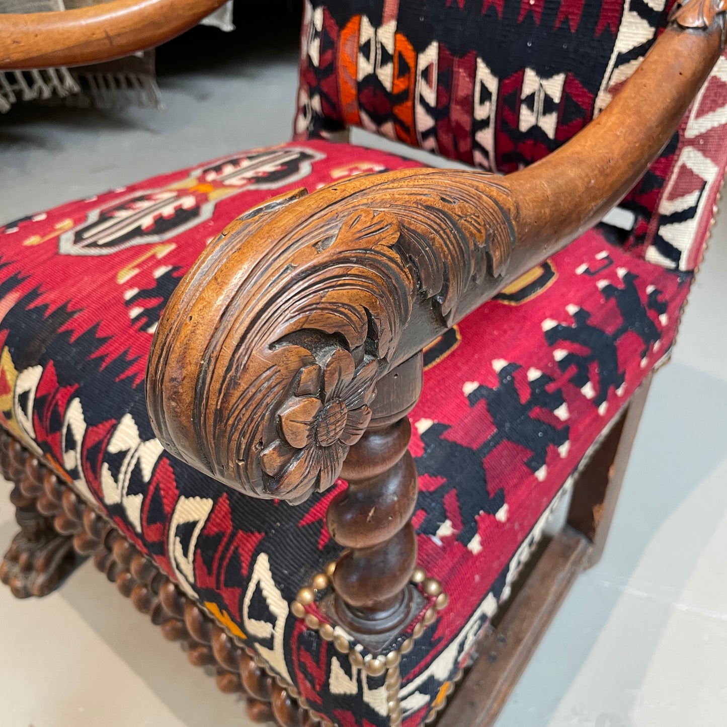 Refined Kilim Upholstered Walnut Arm Chair