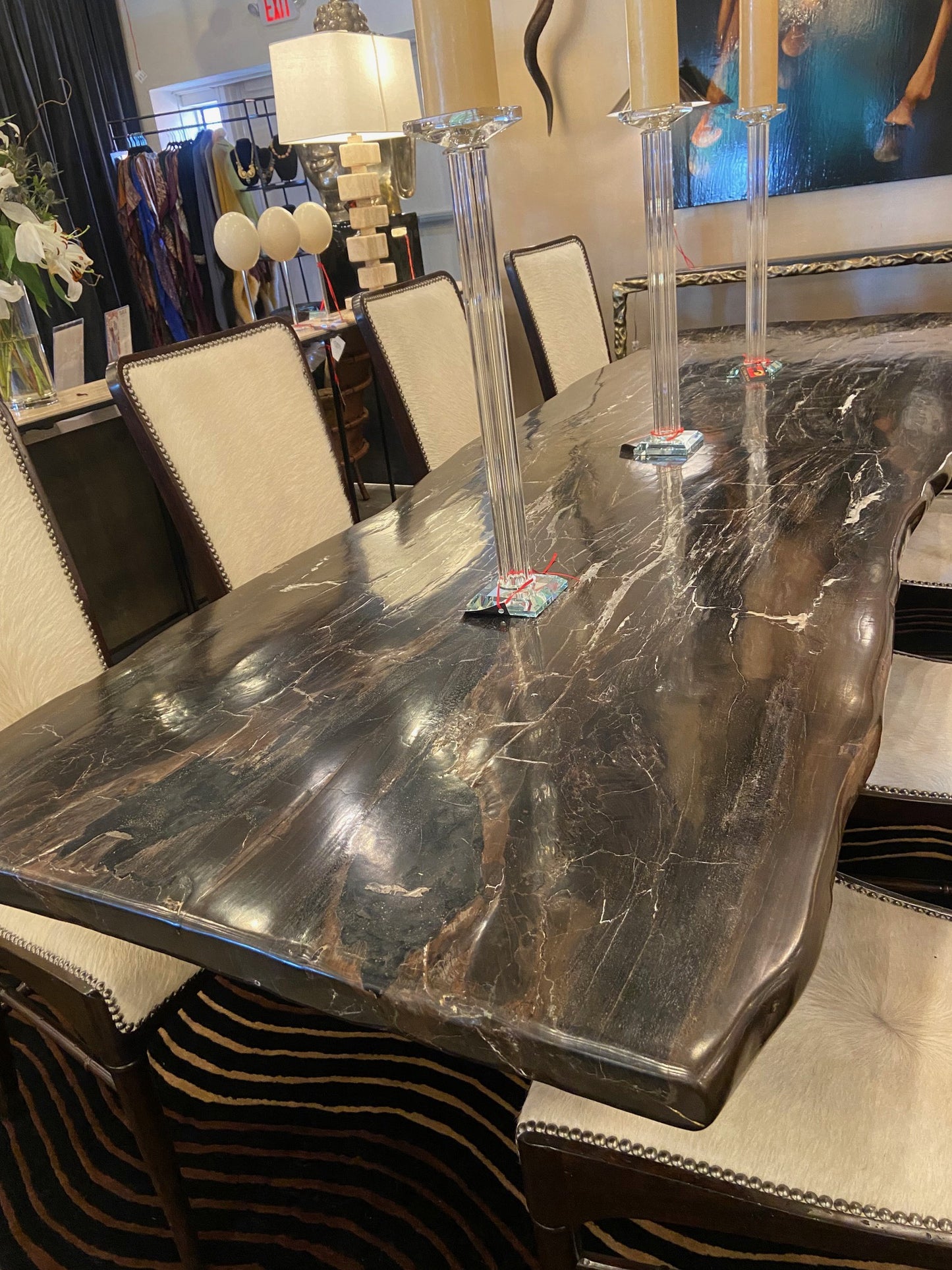 Magnificent 3 Million Year Old Petrified Wood Slab Dining Table w/Steel Base 97 W x 37D x 30 H