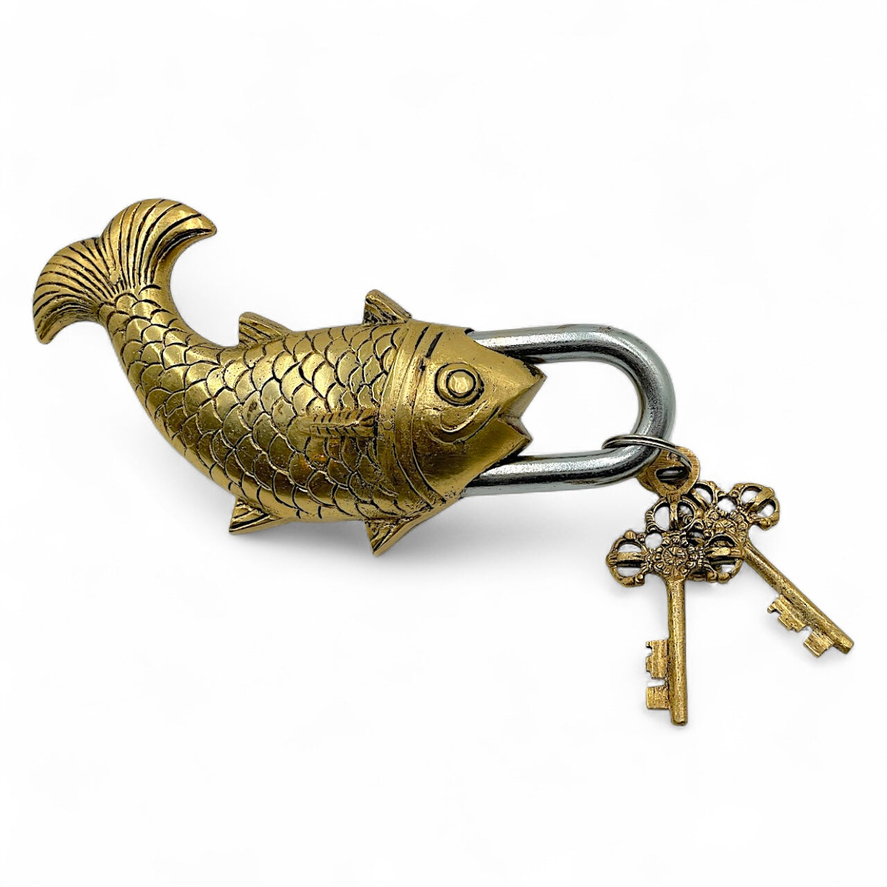 Brass Fish Padlock with Skeleton Keys