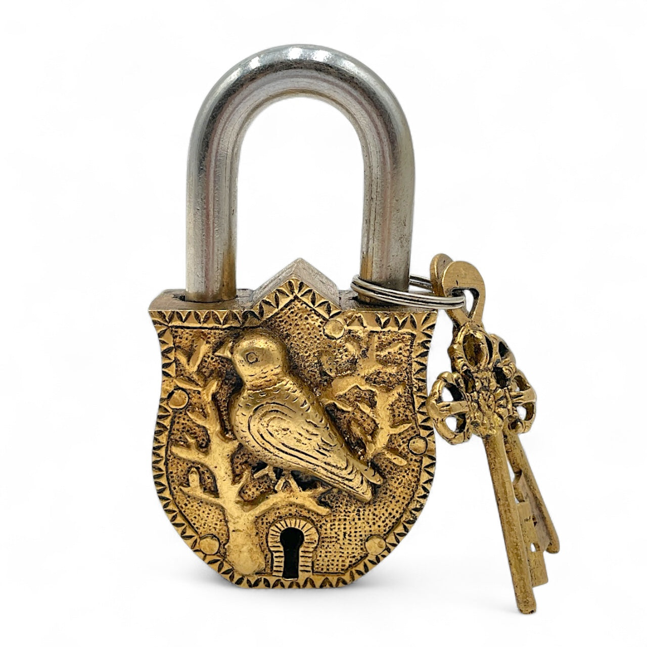 Brass Padlock with Skeleton Key – Bird Motif