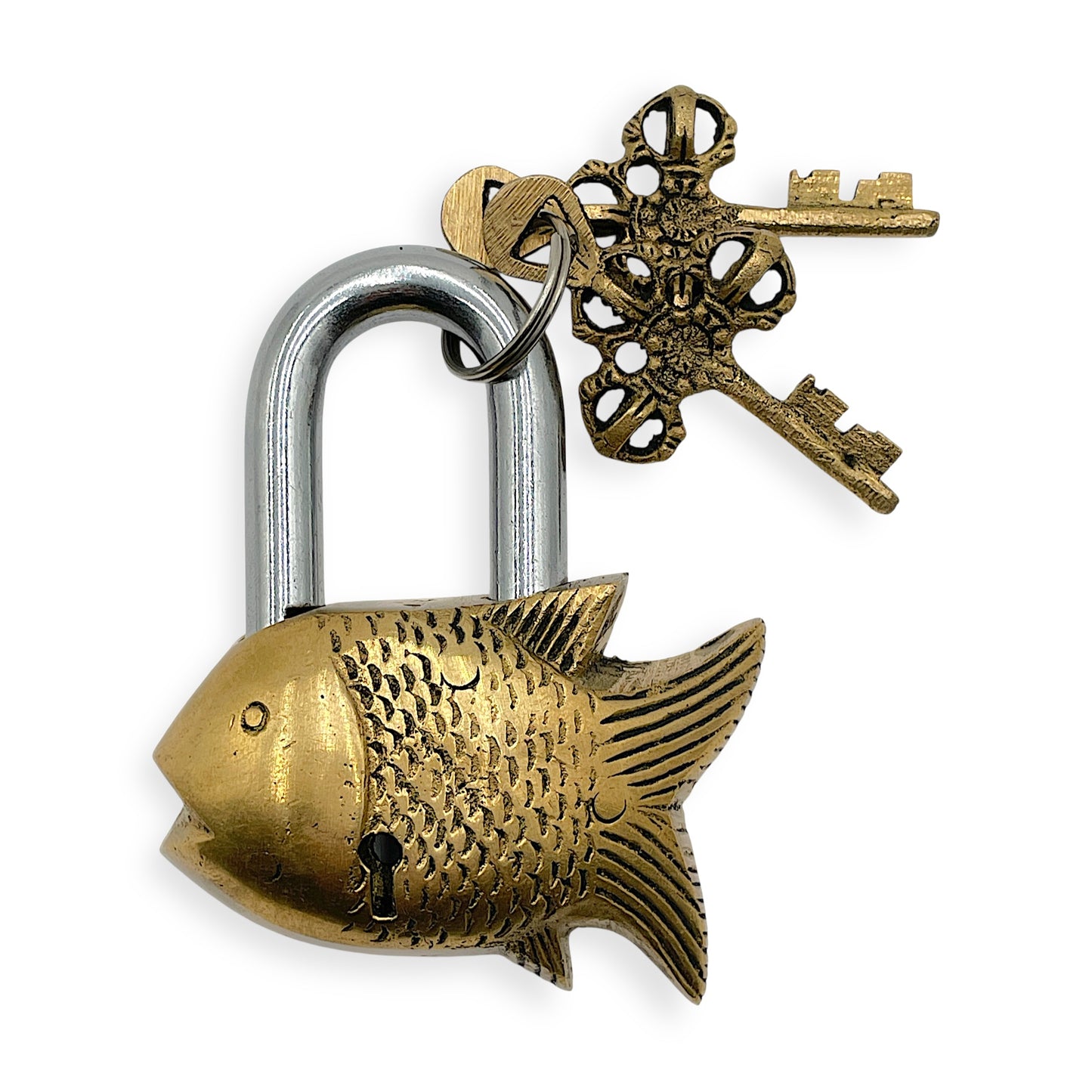 Brass Fish Padlock with Decorative Script