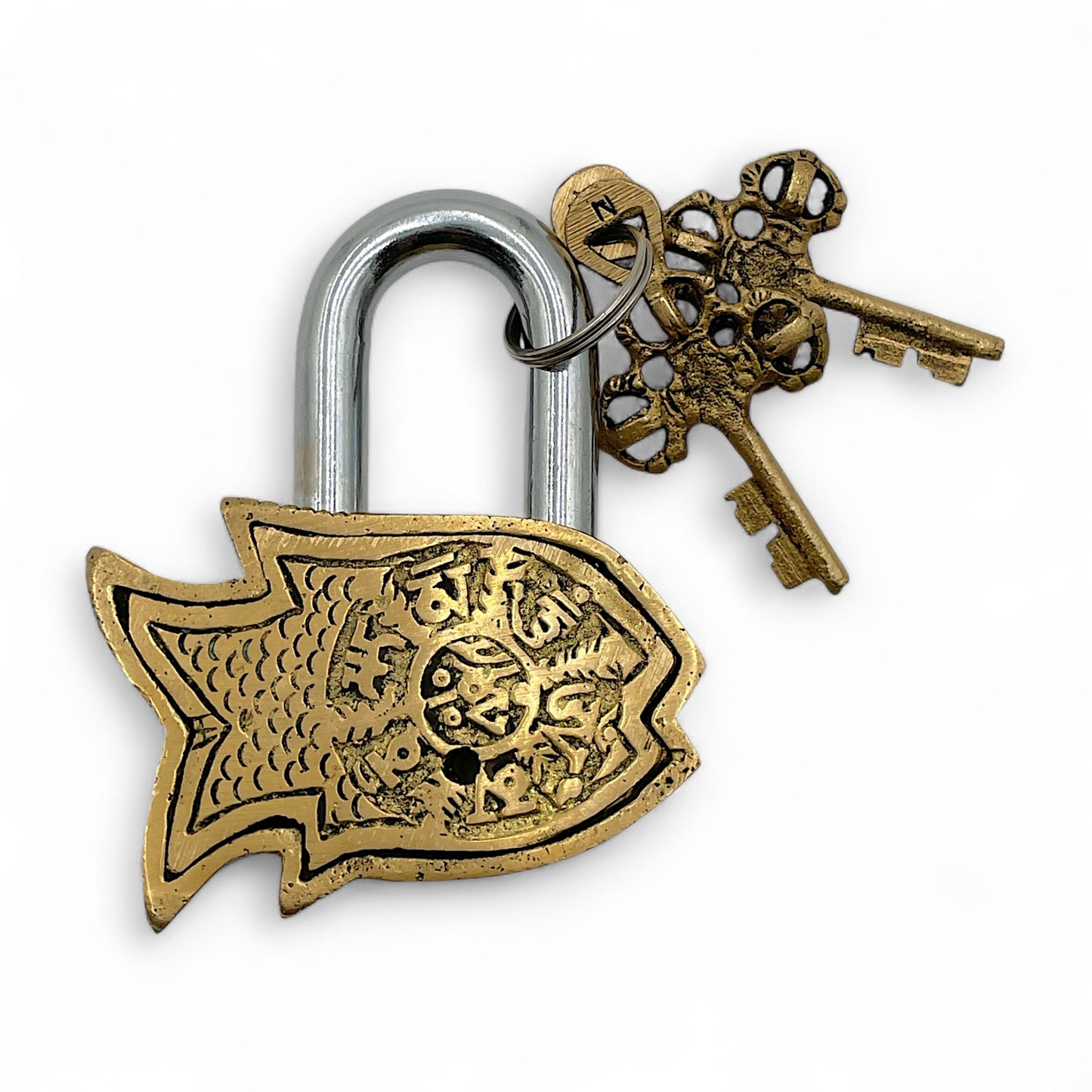 Brass Fish Padlock with Decorative Script