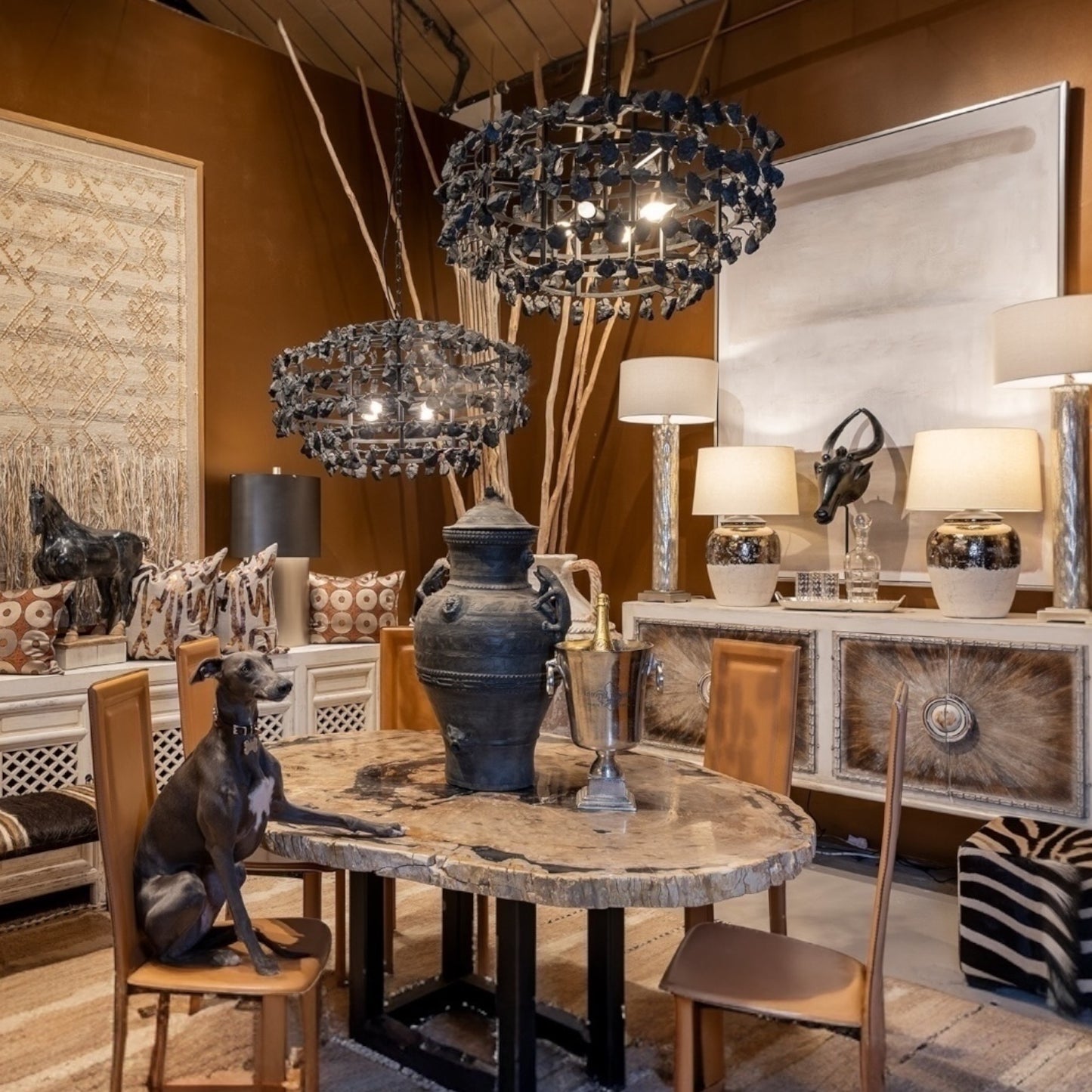 Black Steel Chandelier with Textured Black Glass