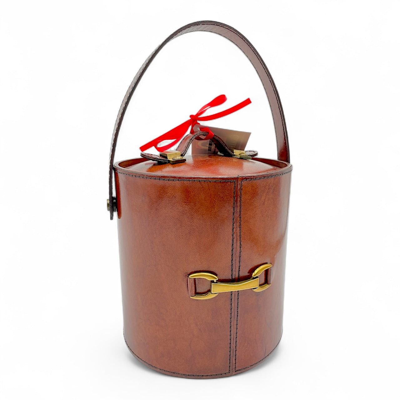Cordovan Leather Ice Bucket with Brass Accents
