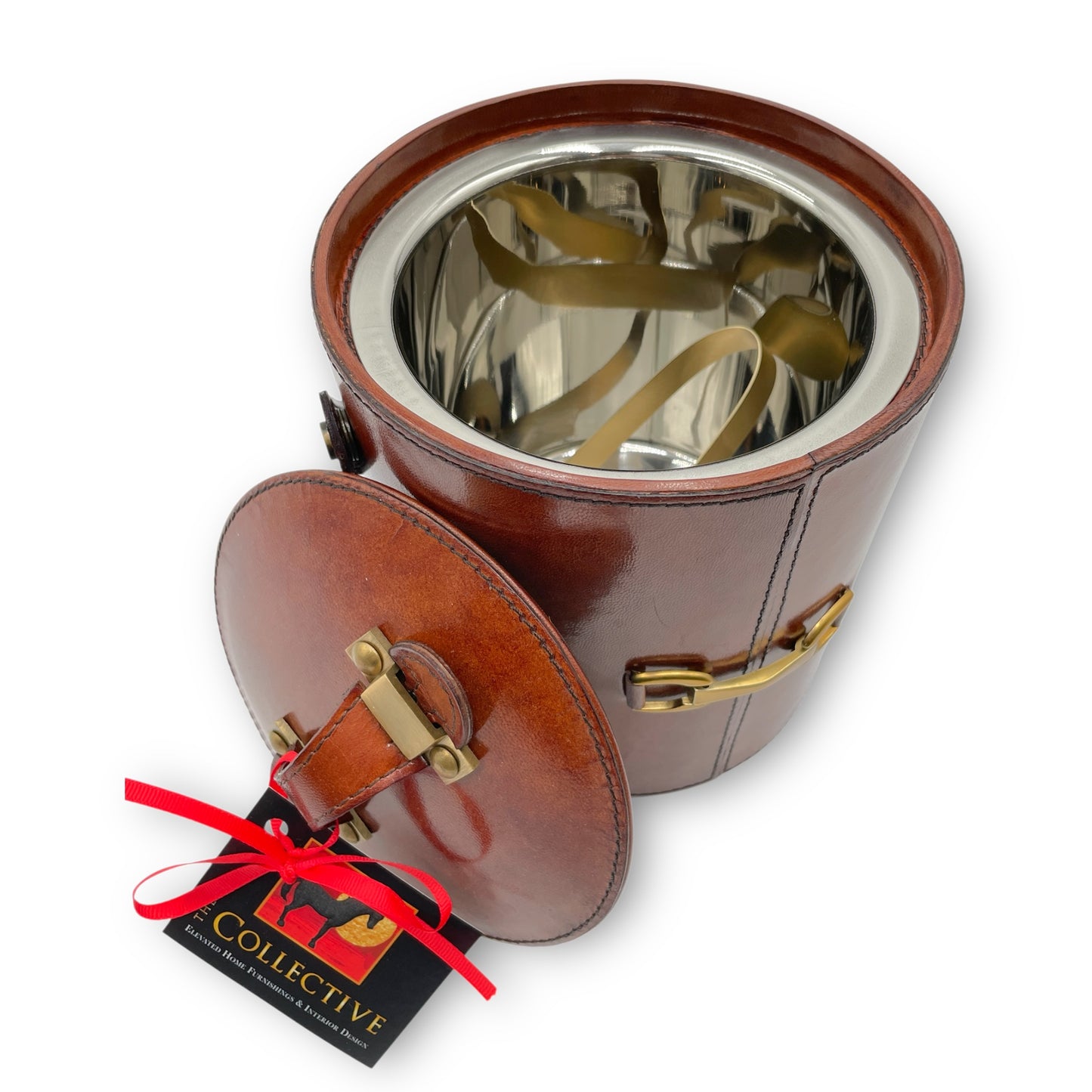 Cordovan Leather Ice Bucket with Brass Accents