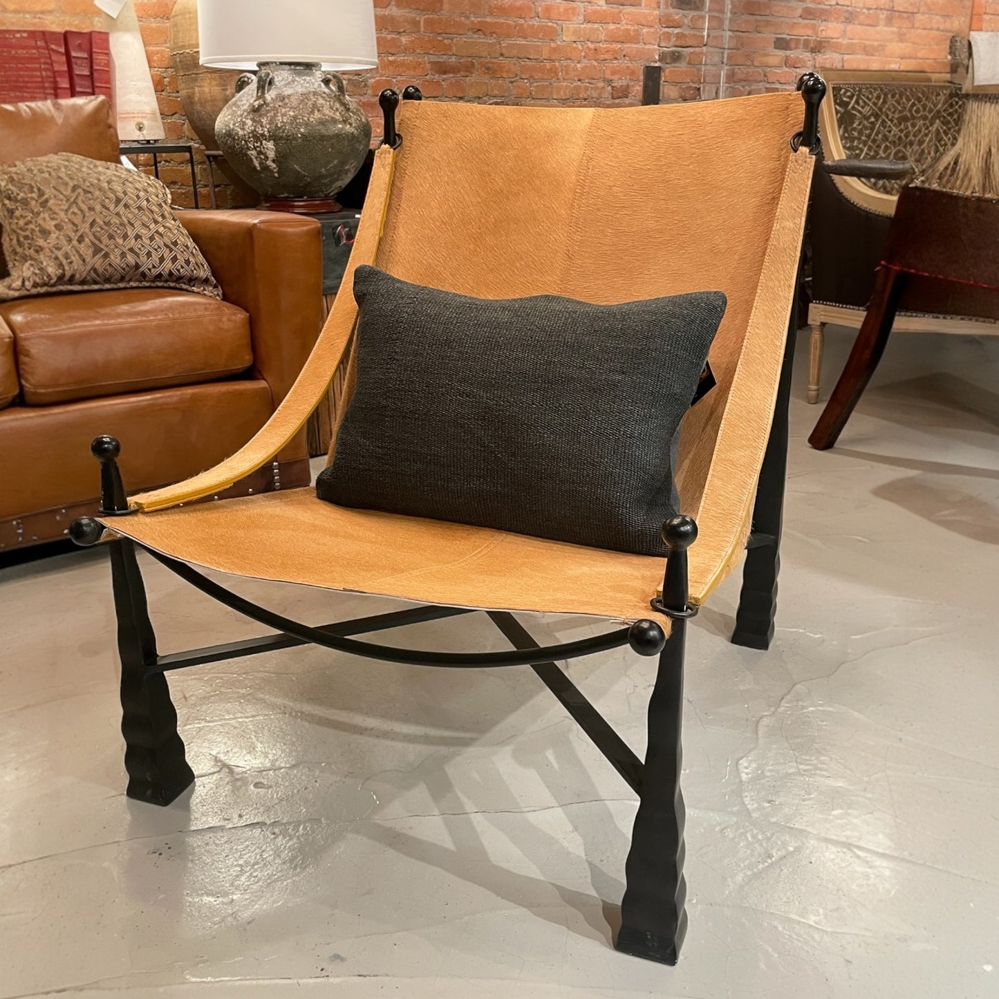 Golden Ochre Reverie: Hair-on-Hide Sling Chair with Metal Frame