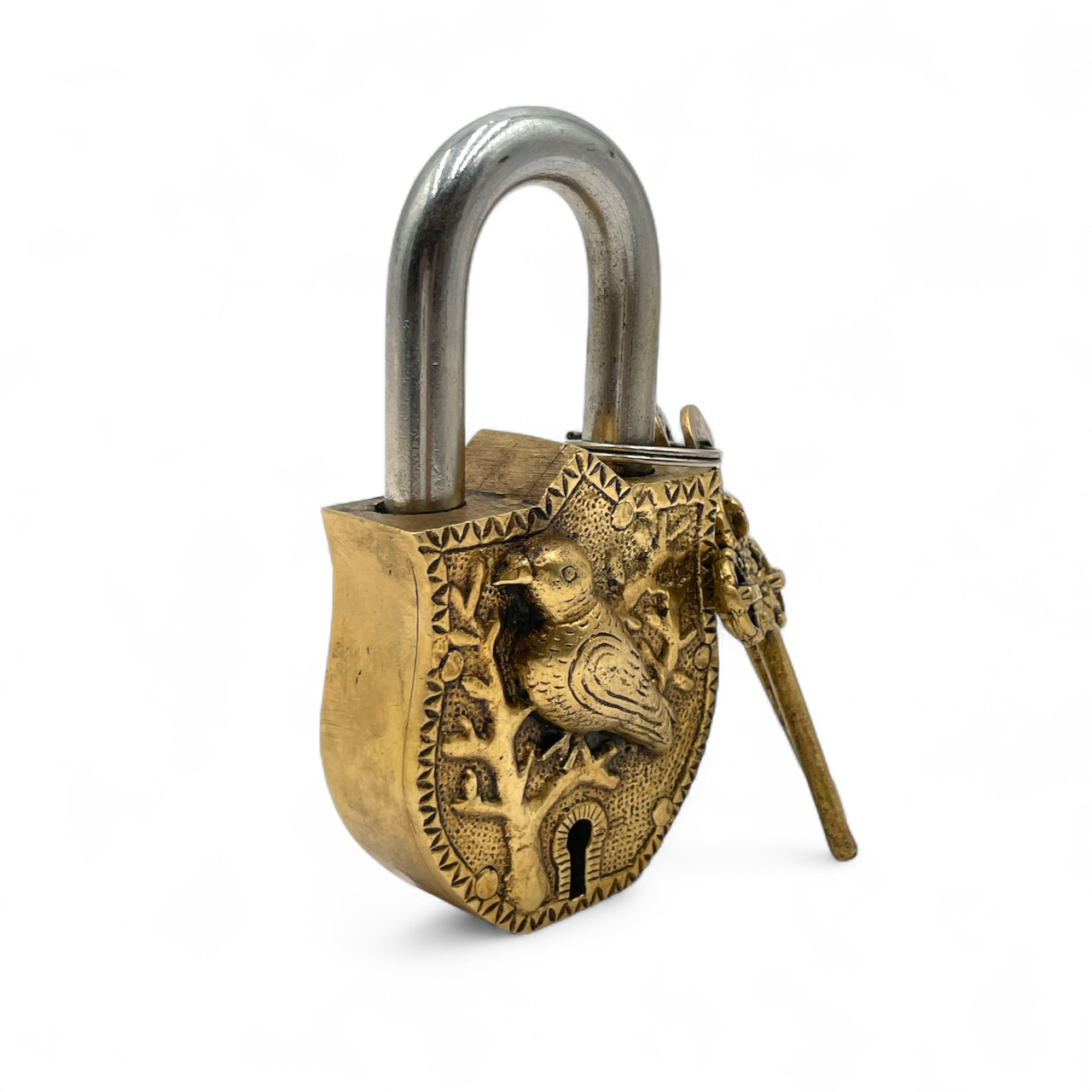 Brass Padlock with Skeleton Key – Bird Motif