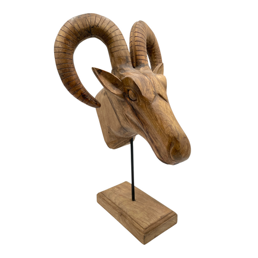 Hand-Carved Wood Ibex Sculpture on Stand
