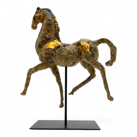 Aged Silver & Gold Horse Sculpture on Stand