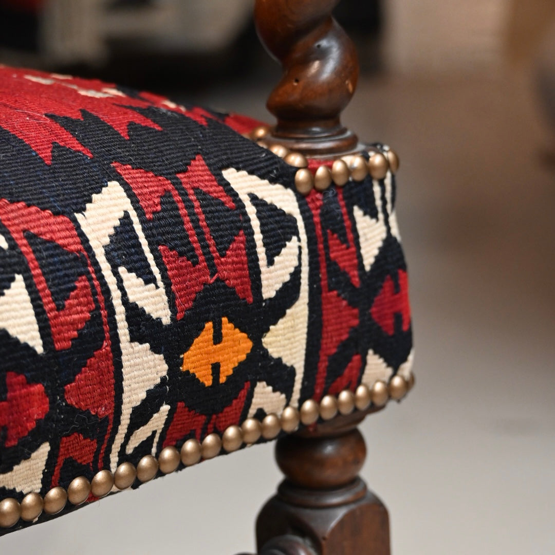 Refined Kilim Upholstered Walnut Arm Chair