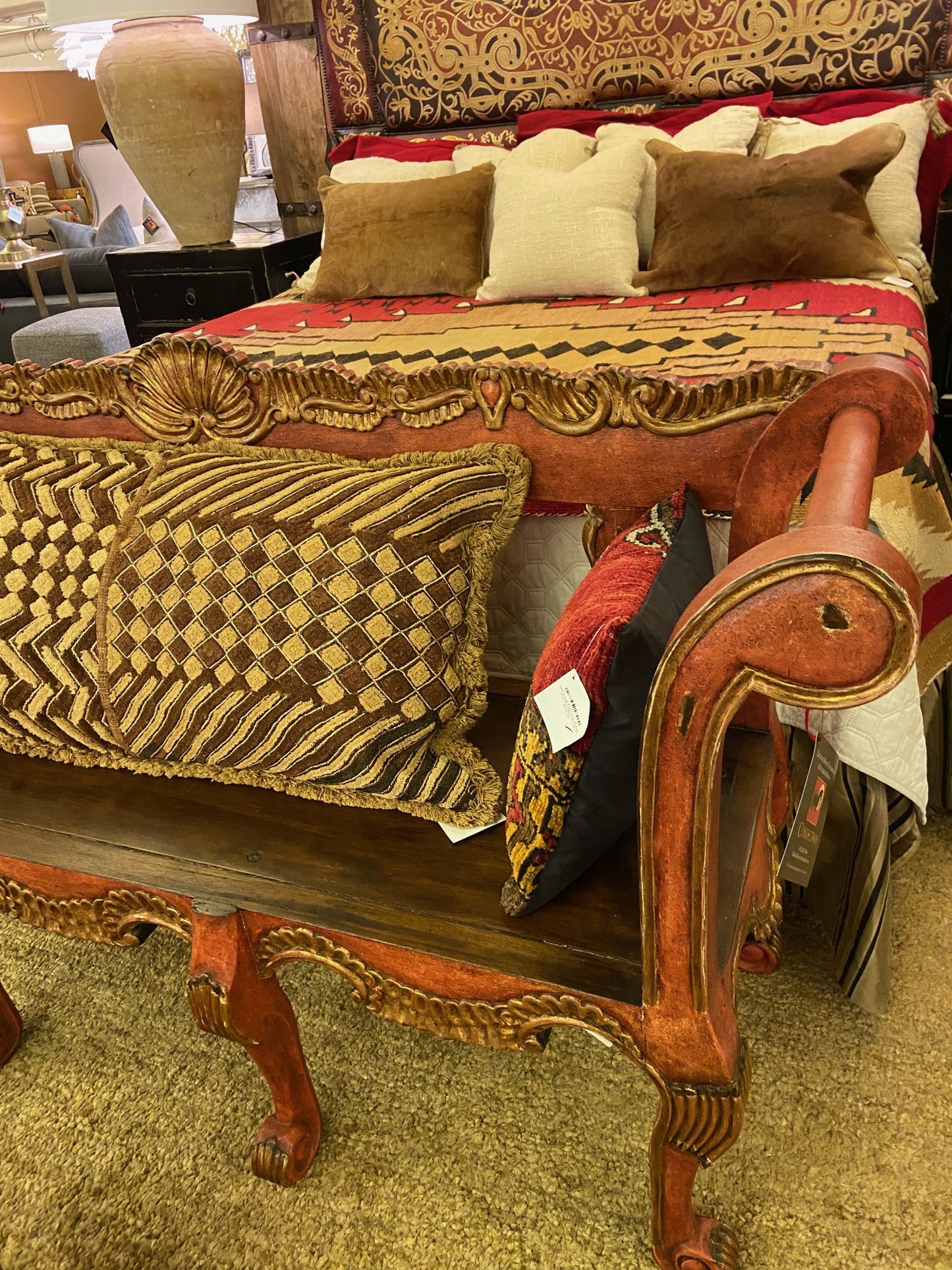 Polychromed & Gilt Colonial Chippendale Bench 72 L x 22 D x 38 H Handcrafted in Peru