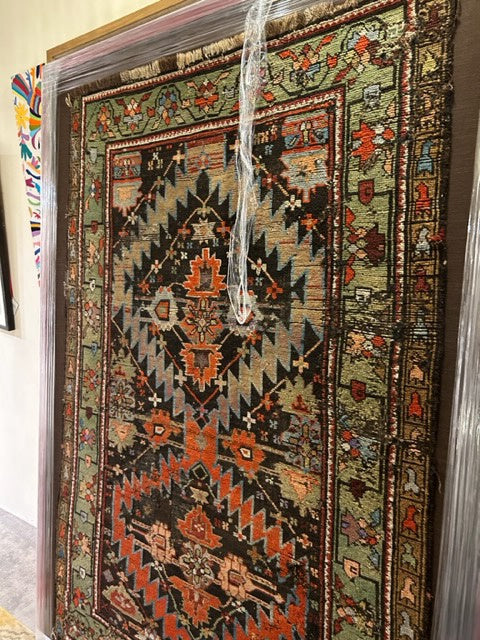 One Of A Kind Orange Green Black W/ Border Vintage Turkish Rug Approximately 75-80 Years Old. Framed 4'9"W x 6'9"H x 3"D 0472890002