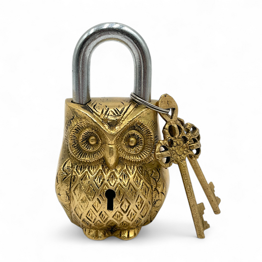 Brass Owl Padlock with Skeleton Keys