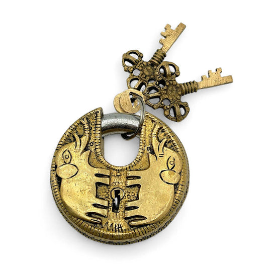 Round Brass Elephant Padlock with Skeleton Keys
