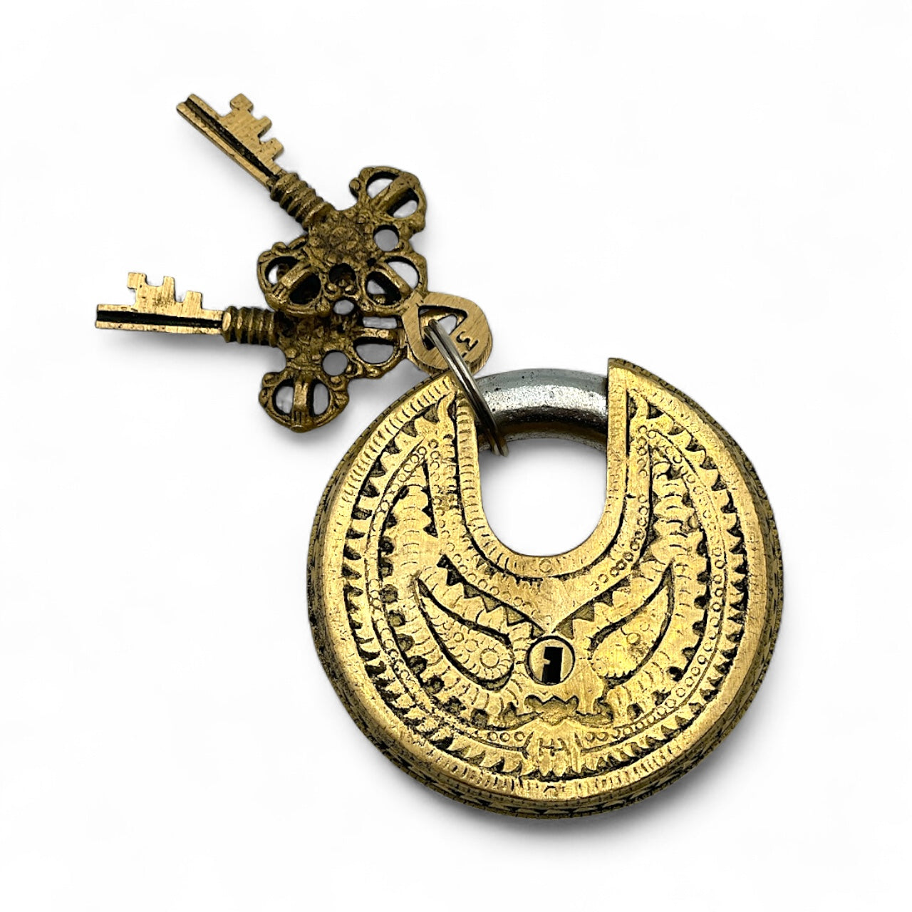 Round Brass Elephant Padlock with Skeleton Keys