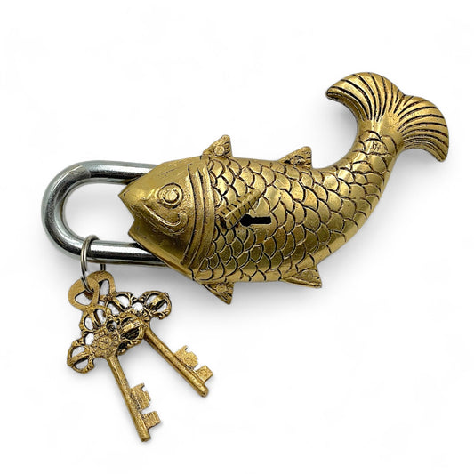 Brass Fish Padlock with Skeleton Keys