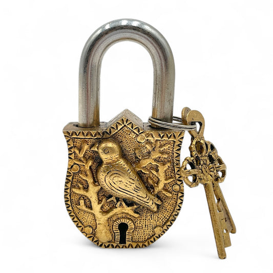 Brass Padlock with Skeleton Key – Bird Motif