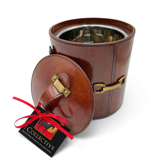 Cordovan Leather Ice Bucket with Brass Accents