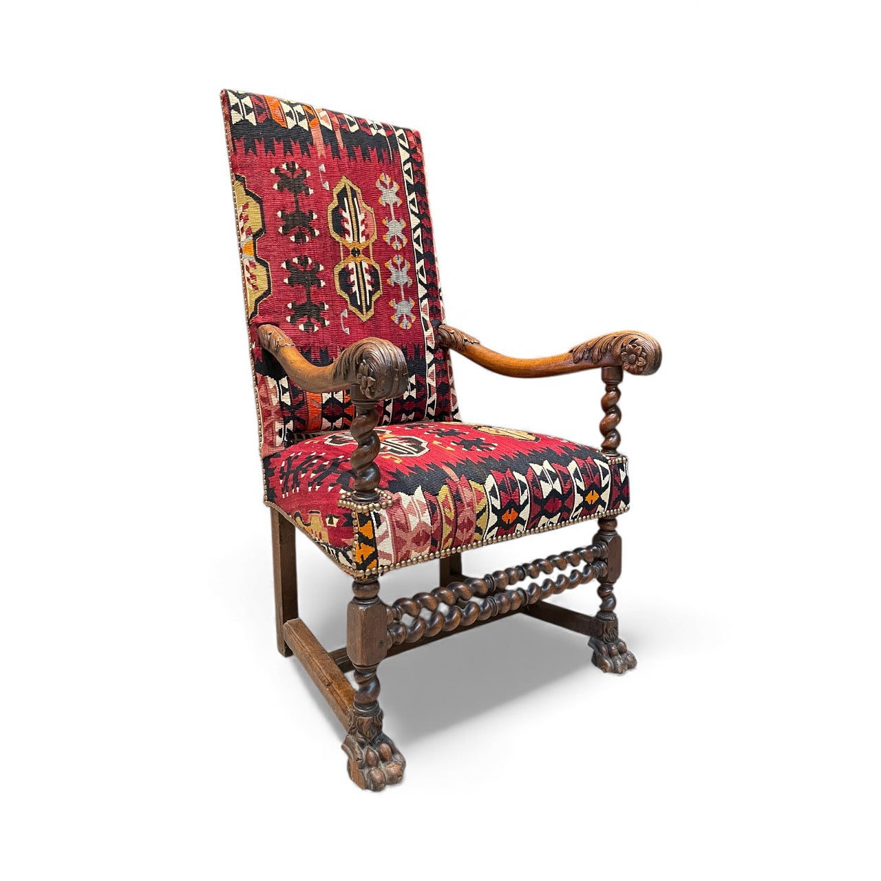 Refined Kilim Upholstered Walnut Arm Chair
