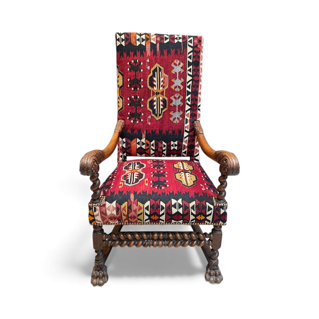 Refined Kilim Upholstered Walnut Arm Chair